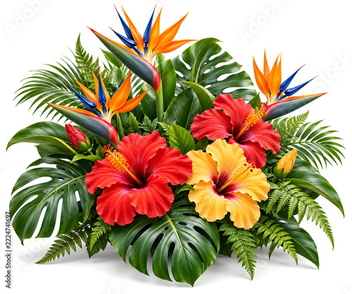 Vibrant tropical flower arrangement featuring red hibiscus and orange bird of paradise blossoms against white