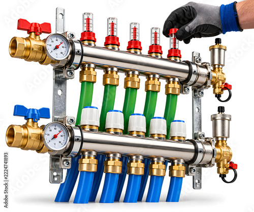 Professional plumber adjusting heating manifold valves with pressure gauges and colorful plastic water pipes
