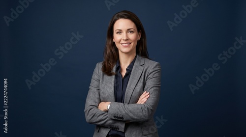 Professional businesswoman smiling confidently while wearing a tailored grey suit jacket against a dark blue studio background