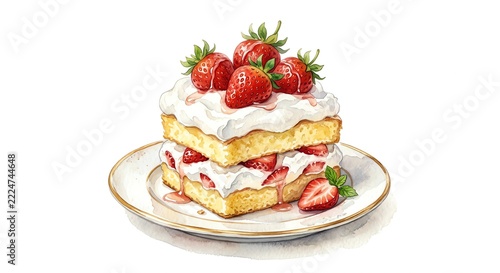 Charming watercolor illustration of a delicious strawberry shortcake on an elegant plate, layered with whipped cream and topped with fresh strawberries, isolated on white.