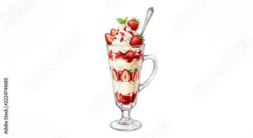 Delicious watercolor illustration of a luxurious strawberry parfait in a tall glass layered with fresh strawberries, ice cream, and whipped cream, isolated on white.