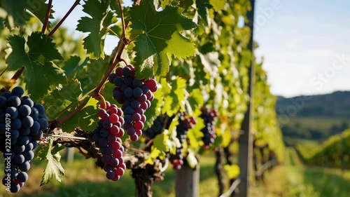 Close up of ripe red wine grapes hanging on vines in sunlit vineyard plantation before harvest
