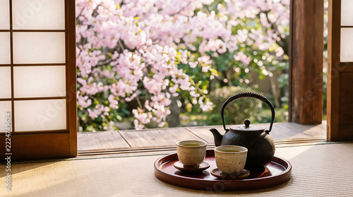 Cast Iron Teapot Two Ceramic Teacups Tray Japanese Tea Ceremony Calm Elegant Still Life