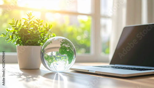 Transparent Glass Globe On Light Wooden Desk Open Book Nature Environment Concept