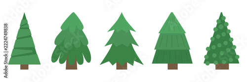 Green Christmas tree vector set with various stylized pine trees isolated on white background. Vector illustration.