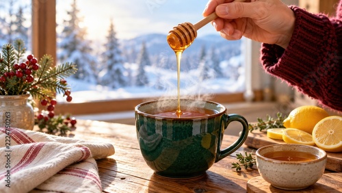 Golden Honey Dripping From Wooden Dipper Into Hot Tea in Winter
