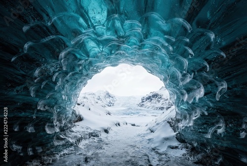 Ice cave interior featuring glowing blue crystalline walls framing a distant view of snowy mountains.