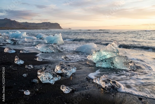 Glacial ice blocks scattered across a dark volcanic sand beach near the ocean during a coastal sunset.