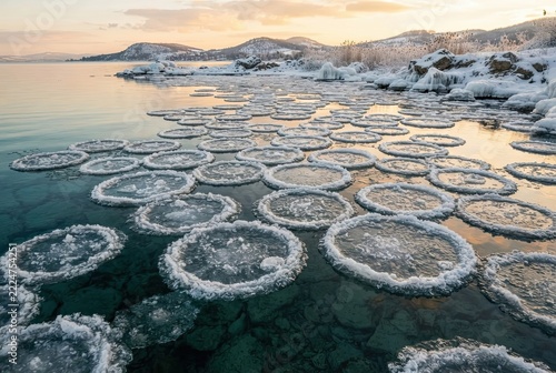 Circular ice formations floating on the surface of a cold lake during the winter season at sunset.