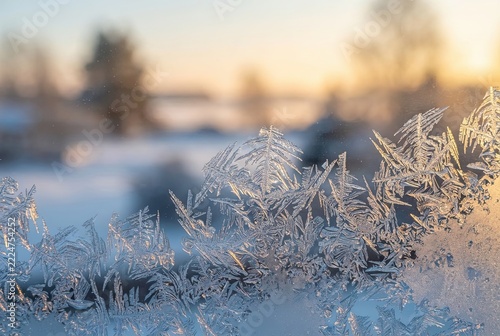Frost crystals forming intricate patterns on a window glass pane during a cold winter morning sunrise.