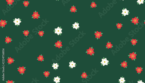 Seamless pattern of red and white poinsettia flowers on dark green background