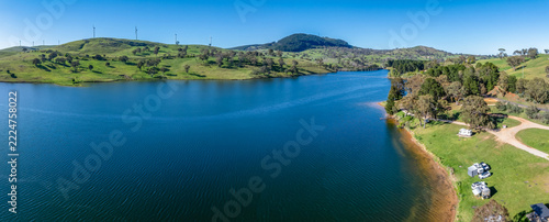 Aerial scenic views over Carcoar Dam with blue sky