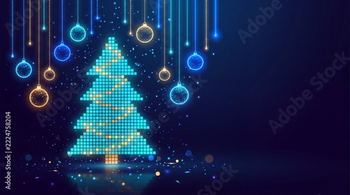 Glowing Digital Christmas Tree with Neon Baubles on Indigo Background