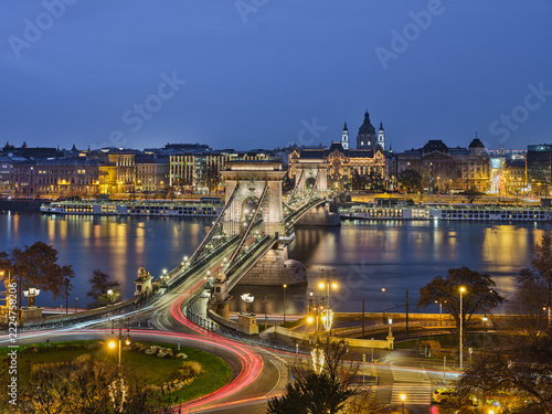 Illuminated Chain Bridge and roundabout light trails Budapest