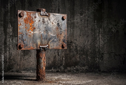Industrial Rusty Metal Sign Plate Welded on Iron Pole Against Concrete Wall