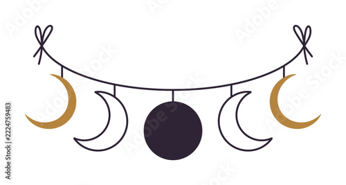 Moon phases garland vector illustration. Hand-drawn esoteric celestial hanging banner with crescent, full moon. Black and white doodle with gold elements. Magical boho clipart for poster design, print