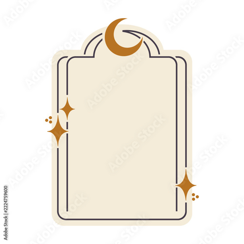 Mystic rectangular arch, vector illustration. Esoteric boho frame. Celestial gold stars, crescent moon. Border clipart for astrology, tarot. Magical doodle with copy space. Hand-drawn empty template