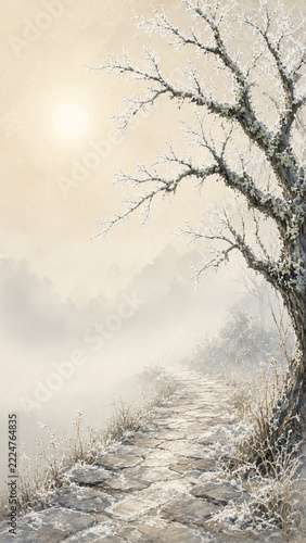 Frosted maple over misty stone path winter morning