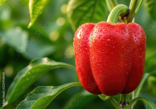 A vibrant red bell pepper hangs from a green plant in a lush garden, covered in fresh morning dew drops glistening under soft sunlight, morning, horticulture, branch