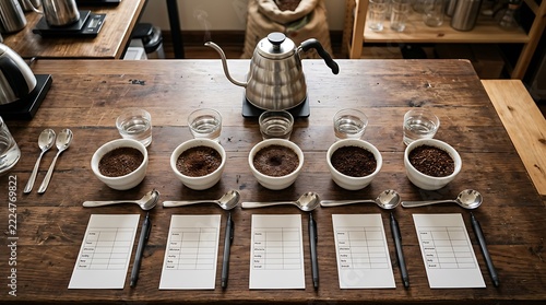 Fresh Coffee Tasting Setup with Pour Over Beakers and Tasting Slips