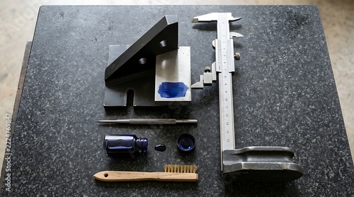 Industrial Tool Set Arranged on Dark Worktable