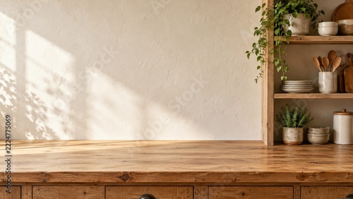 Rustic wooden kitchen counter beside open shelving