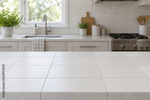 White ceramic countertop with visible straight grout joints
