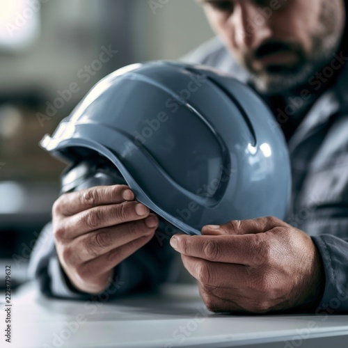 Worker hands inspecting gray safety hard hat on table before work