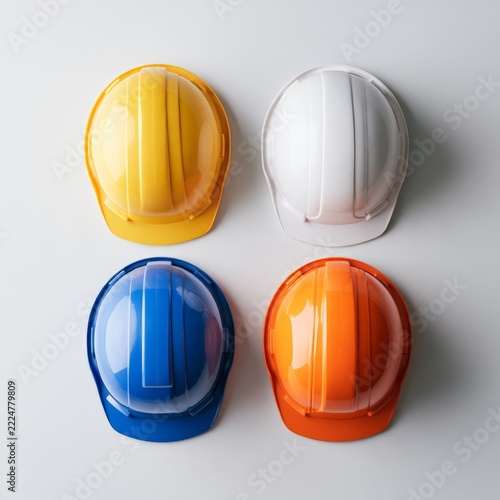 Colorful safety hard hats overhead flat lay on white background