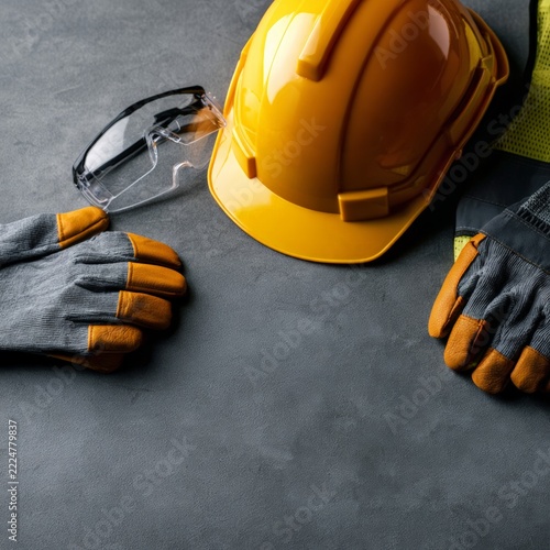 Personal protective equipment with yellow hard hat gloves and glasses on dark background flat lay copy space