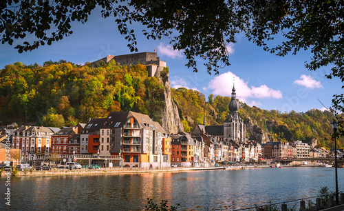 Dinant on the Meuse River with Citadel and Collegiate Church in Autumn, Belgium