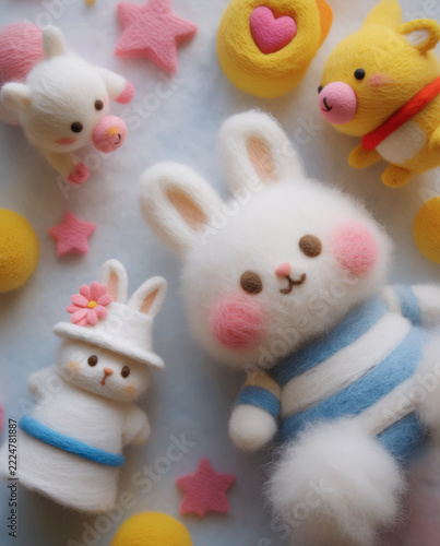 Cute Plush Bunny Surrounded by Colorful Soft Toys