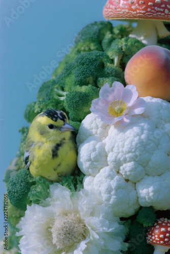 Tiny Yellow Bird Nestled Beside a White Flower