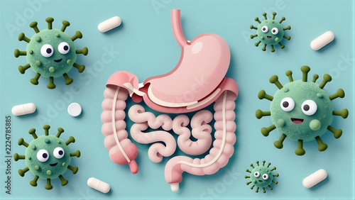 Cartoon stomach and intestines surrounded by friendly viruses and pills.