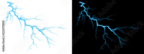 Obraz na plátně Branching blue lightning strike electrical effect, PNG isolated on transparent b
