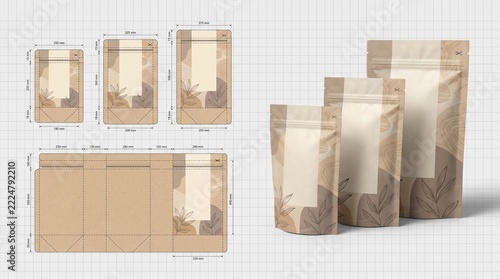 Kraft paper pouch packaging template with dielines and floral design