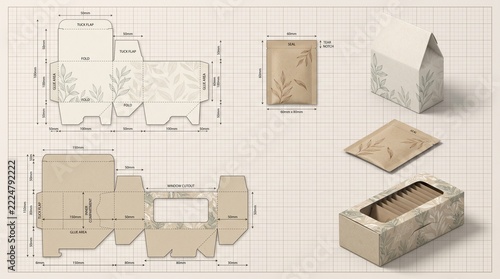 Packaging Box Dieline and Mockup with Technical Measurements