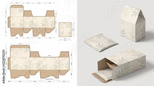 Kraft Paper Packaging Dieline Template with Botanical 3D Mockups