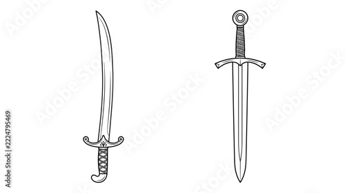 Obraz na plátně Two antique swords isolated on white background, line art