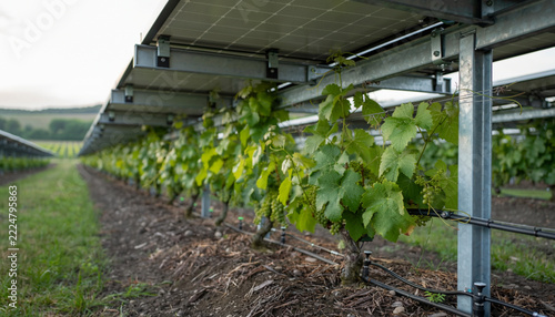 Green Grapevines Growing on a Supported Trellis in an Outdoor Vineyard with Rows of Plants and Agricultural Irrigation Structure