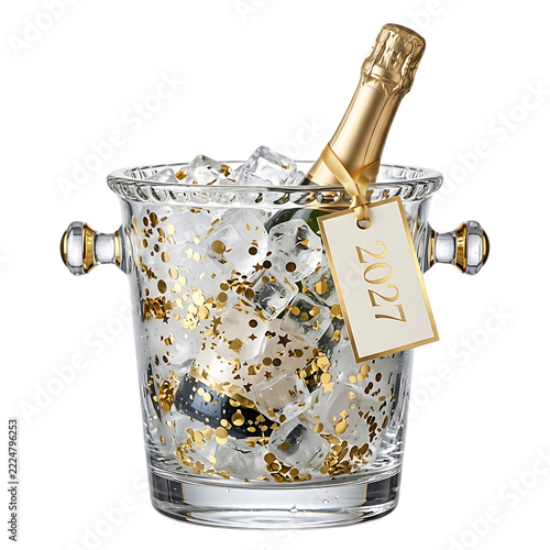 Champagne bottle in a glass ice bucket with gold confetti isolated on transparent background