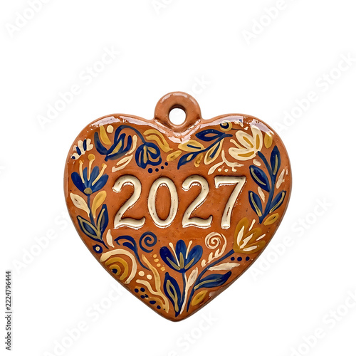 Heart shaped 2027 new year ornament with floral pattern isolated on transparent background