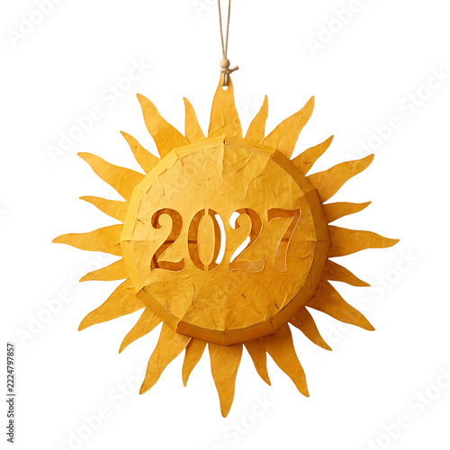 Golden 2027 sun shaped hanging ornament for new year isolated on transparent background