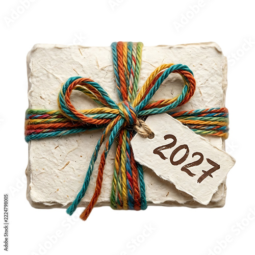 Square gift box with colorful string and 2027 year tag isolated on transparent background