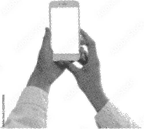 Person Holding a Phone in Black and White Halftone Retro Cutout Style