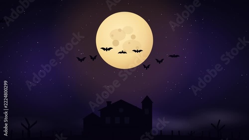 Spooky Halloween Night: Animated full moon and flying bats over a dark silhouette landscape