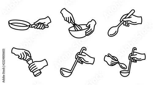 Hands using different kitchen utensils line art vector illustrations