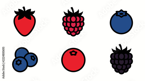 Flat berry icon set with strawberry raspberry and blueberry