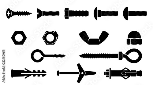 Collection of construction hardware fastener and screw silhouettes