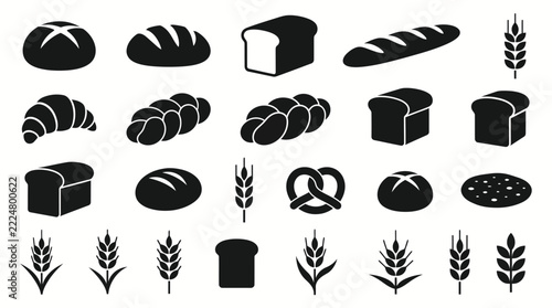 Bakery icons set featuring various bread loaves croissant and wheat